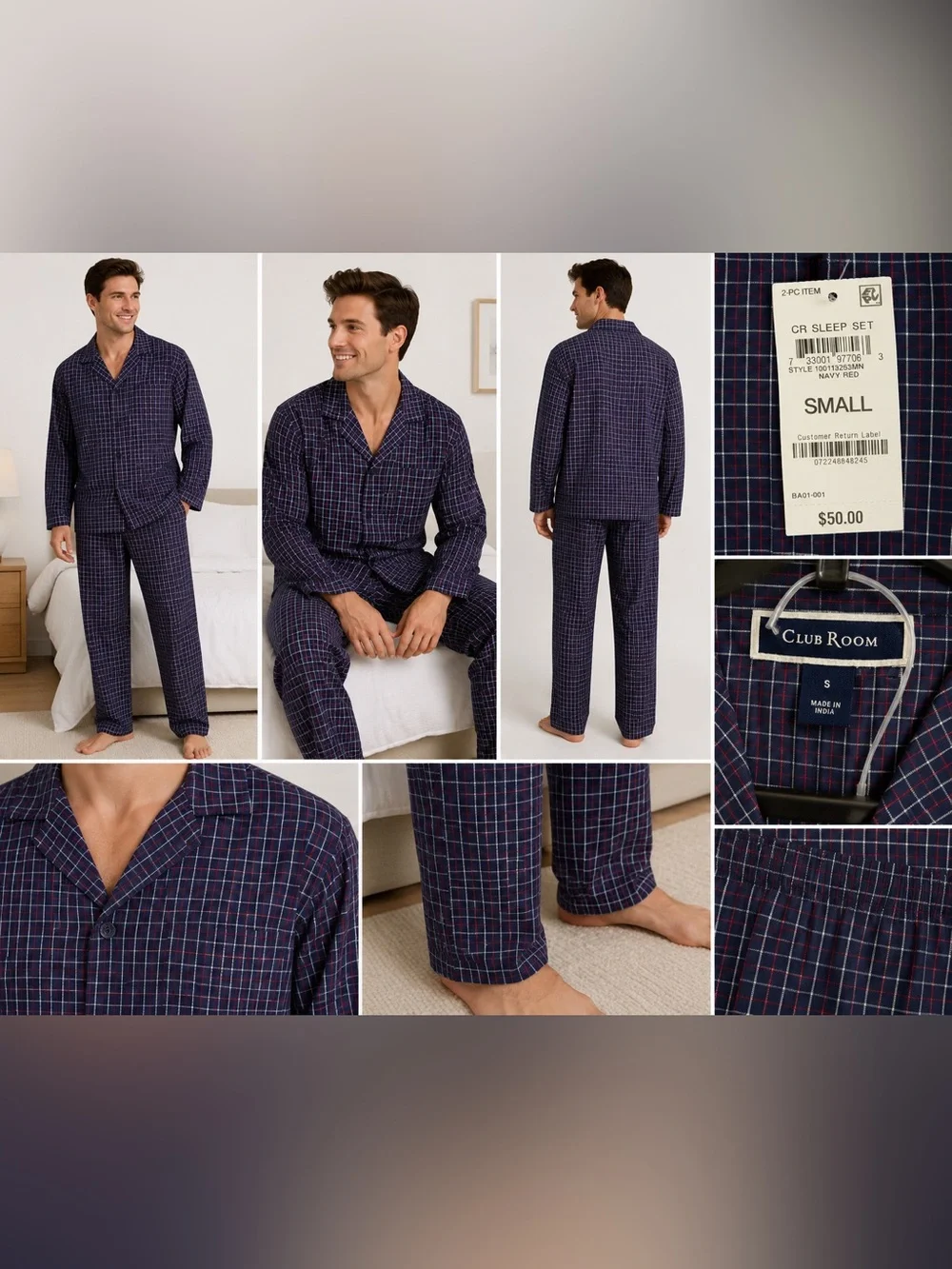 Club Room Men’s 2 Pc Oxford Plaid Cotton Pajama Set Small NWT Navy Red